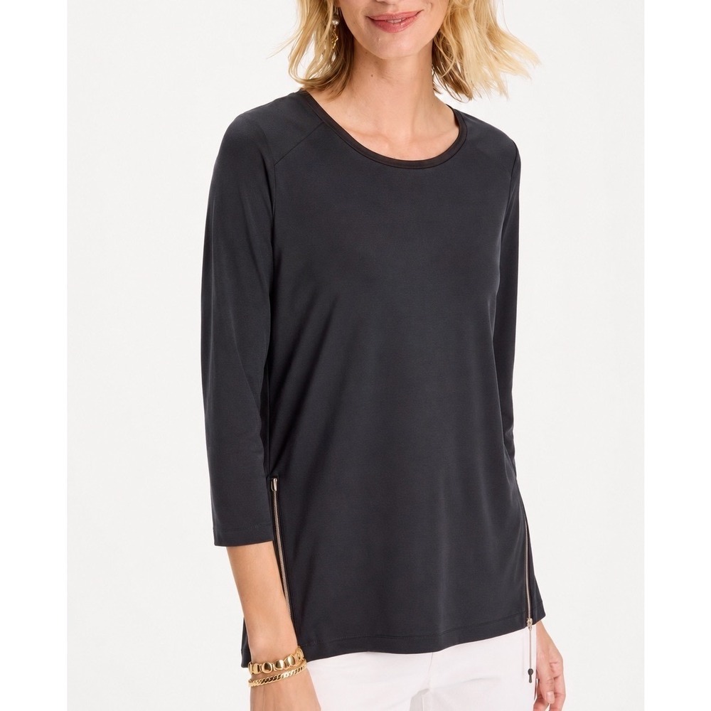 Chicos Black Short Sleeve Side Zipper Tunic Blouse Shirt